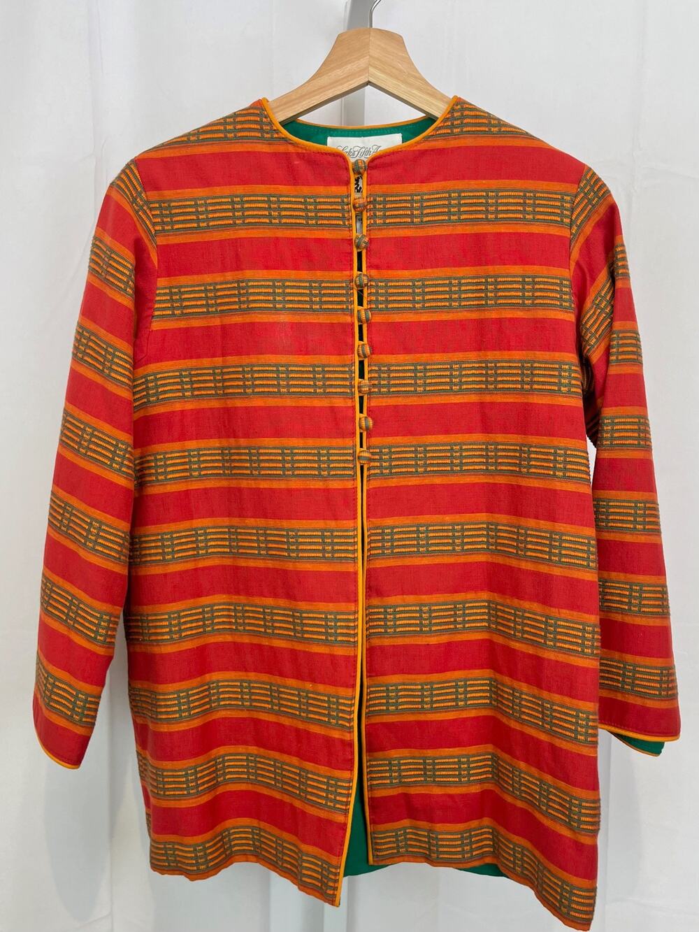 VTG ANNE KLEIN Size 6 Saks Striped Woven Blazer Jacket Red Orange Green